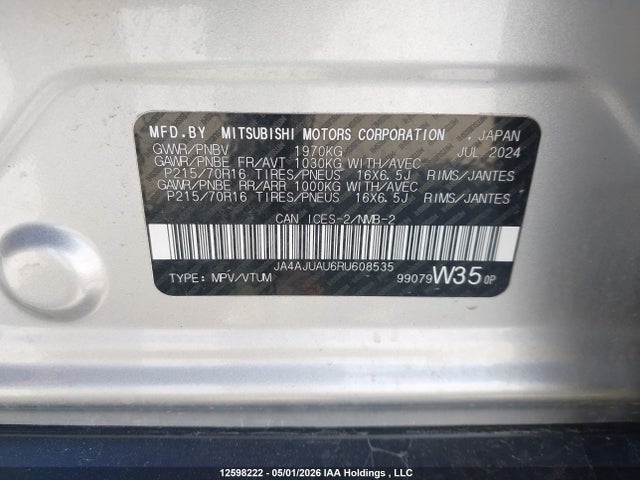 Aukcja sprzedaży 2024 Mitsubishi Rvr Es, vin: JA4AJUAU6RU608535, numer aukcji: 12598222