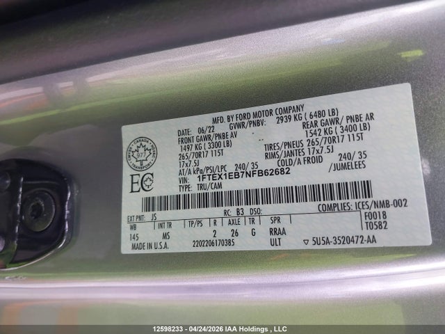 12598233 :رقم المزاد ، 1FTEX1EB7NFB62682 vin ، 2022 Ford F-150 Xlt مزاد بيع