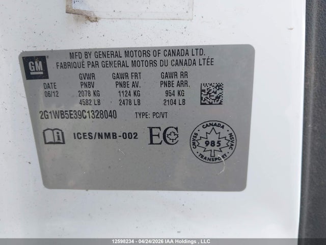 2012 Chevrolet Impala მანქანა იყიდება აუქციონზე, vin: 2G1WB5E39C1328040, აუქციონის ნომერი: 12598234