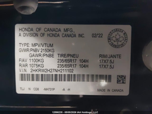 2HKRW2H27NH211102 Honda CR-V LX
