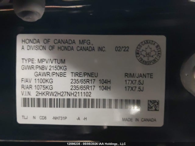 2HKRW2H27NH211102 Honda CR-V LX