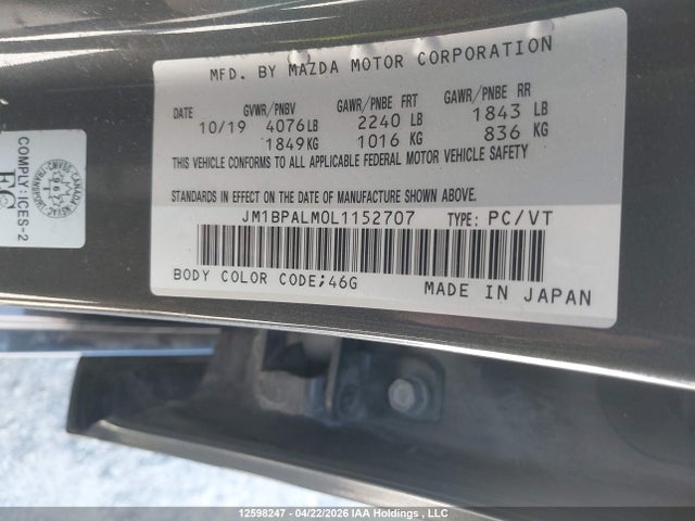 2020 Mazda 3 მანქანა იყიდება აუქციონზე, vin: JM1BPALM0L1152707, აუქციონის ნომერი: 12598247