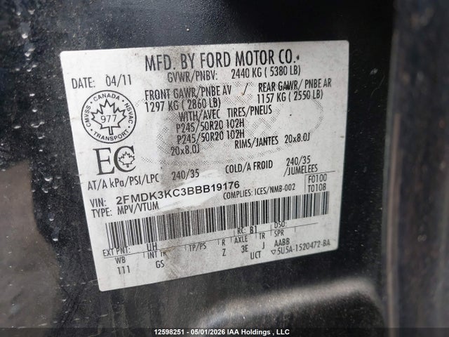 Aukcja sprzedaży 2011 Ford Edge, vin: 2FMDK3KC3BBB19176, numer aukcji: 12598251