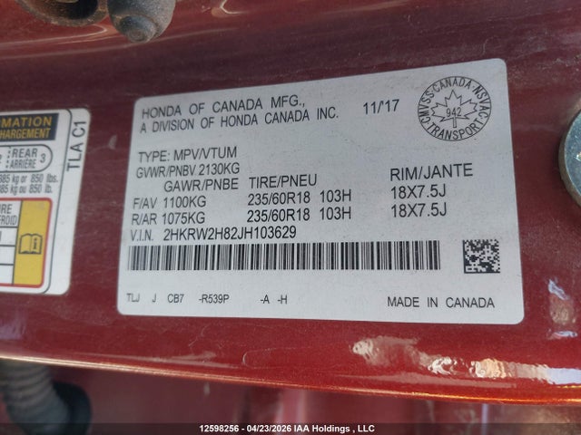 2HKRW2H82JH103629 Honda Cr-v Ex-l
