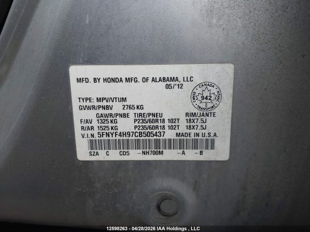 Aukcja sprzedaży 2012 Honda Pilot Touring, vin: 5FNYF4H97CB505437, numer aukcji: 12598263