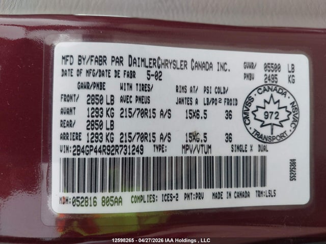 Aukcja sprzedaży 2002 Dodge Grand Caravan Sport, vin: 2B4GP44R92R731249, numer aukcji: 12598265