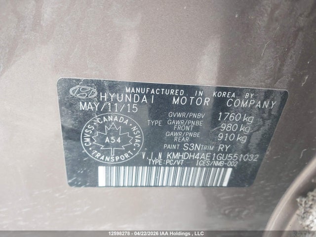 KMHDH4AE1GU551032 Hyundai Elantra Sport Appearance