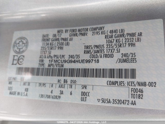 Продажа на аукционе авто 2017 Ford Escape Se, vin: 1FMCU9G94HUE99718, номер лота: 12598279