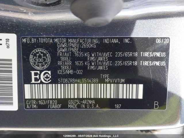 5TDBZRBH4LS514389 Toyota Highlander Le