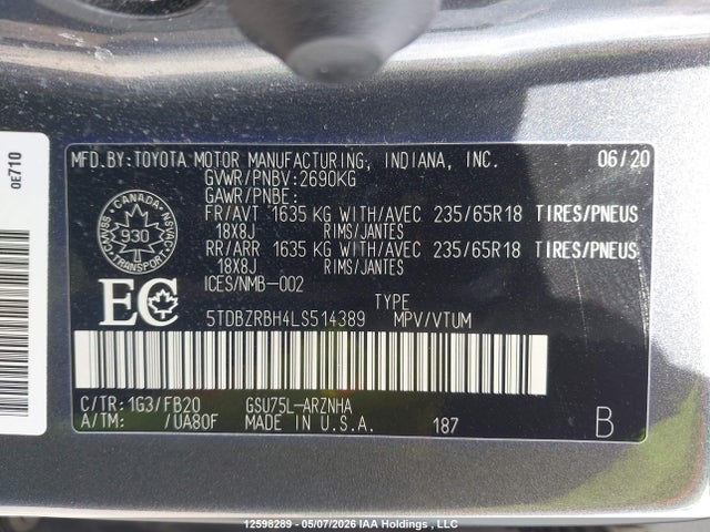 5TDBZRBH4LS514389 Toyota Highlander Le