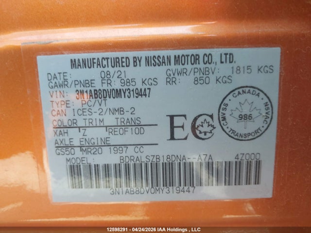 3N1AB8DV0MY319447 Nissan SENTRA SR