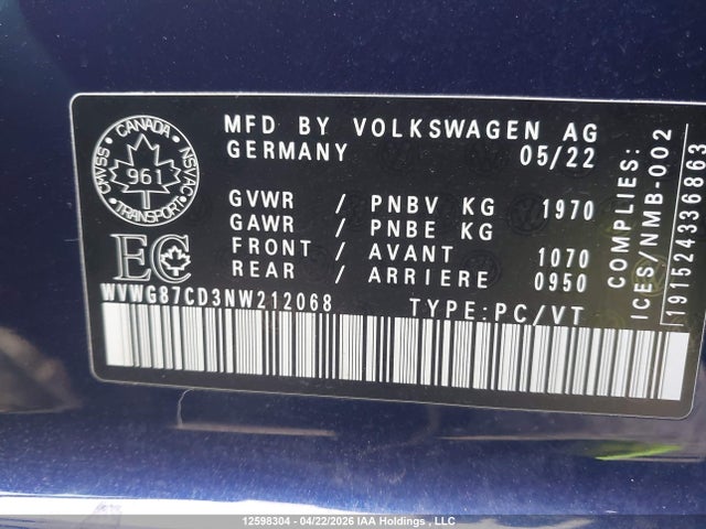 Aukcja sprzedaży 2022 Volkswagen Golf Gti Autobahn, vin: WVWG87CD3NW212068, numer aukcji: 12598304