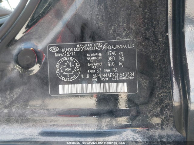 12598306 :رقم المزاد ، 5NPDH4AE9EH543384 vin ، 2014 Hyundai Elantra Gls مزاد بيع