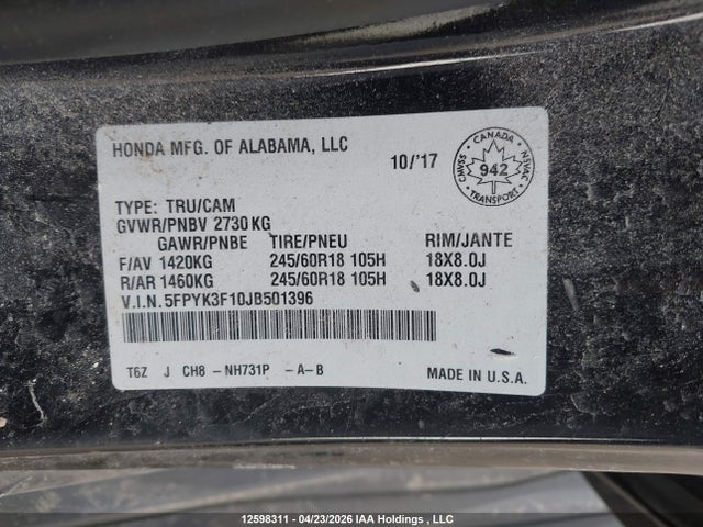 Продаж на аукціоні авто 2018 Honda Ridgeline Sport, vin: 5FPYK3F10JB501396, номер лоту: 12598311