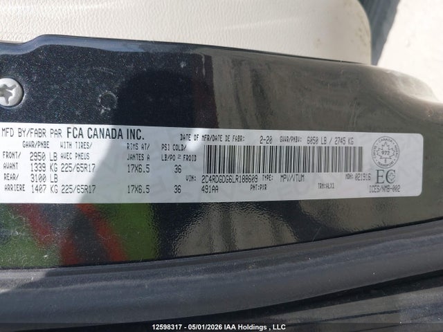 2020 Dodge Grand Caravan Crew მანქანა იყიდება აუქციონზე, vin: 2C4RDGDG6LR188609, აუქციონის ნომერი: 12598317