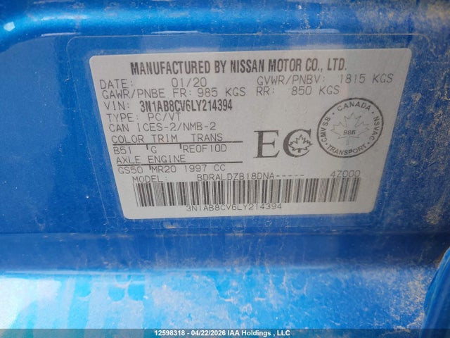 3N1AB8CV6LY214394 Nissan SENTRA SV