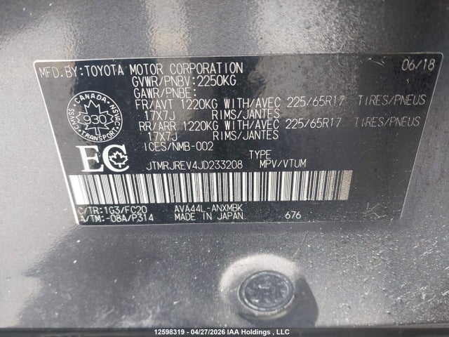 2018 Toyota Rav4 მანქანა იყიდება აუქციონზე, vin: JTMRJREV4JD233208, აუქციონის ნომერი: 12598319