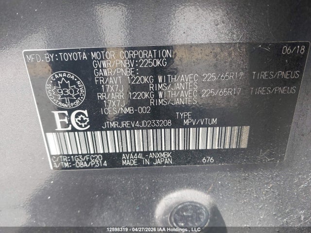 2018 Toyota Rav4 მანქანა იყიდება აუქციონზე, vin: JTMRJREV4JD233208, აუქციონის ნომერი: 12598319
