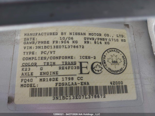 Продажа на аукционе авто 2007 Nissan Versa S/sl, vin: 3N1BC13E07L378672, номер лота: 12598321