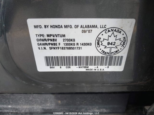 12590952 :رقم المزاد ، 5FNYF18378B501731 vin ، 2008 Honda Pilot Se مزاد بيع
