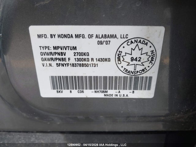 12590952 :رقم المزاد ، 5FNYF18378B501731 vin ، 2008 Honda Pilot Se مزاد بيع