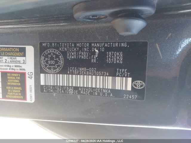 2010 Toyota Camry Se/le/xle მანქანა იყიდება აუქციონზე, vin: 4T1BF3EK8AU105734, აუქციონის ნომერი: 12598327