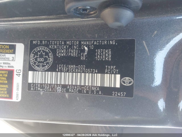 2010 Toyota Camry Se/le/xle მანქანა იყიდება აუქციონზე, vin: 4T1BF3EK8AU105734, აუქციონის ნომერი: 12598327