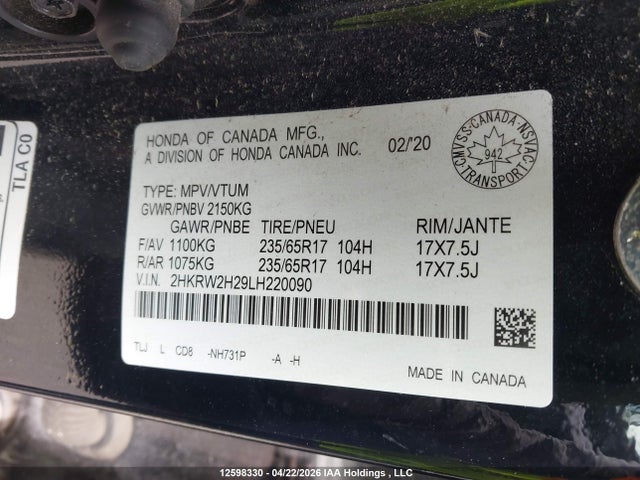 2HKRW2H29LH220090 Honda CR-V LX