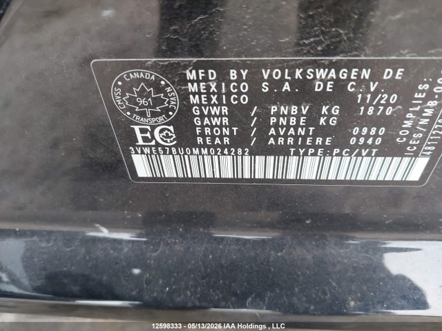 Aukcja sprzedaży 2021 Volkswagen Jetta Highline, vin: 3VWE57BU0MM024282, numer aukcji: 12598333