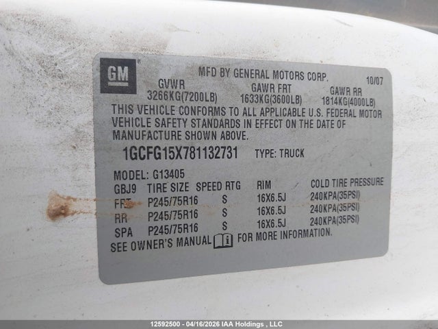 2008 Chevrolet Express G1500 მანქანა იყიდება აუქციონზე, vin: 1GCFG15X781132731, აუქციონის ნომერი: 12592500