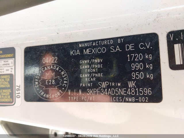 2022 Kia Forte Gt Line მანქანა იყიდება აუქციონზე, vin: 3KPF34AD5NE481596, აუქციონის ნომერი: 12598337