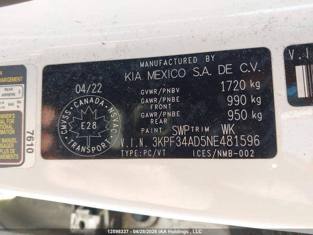 2022 Kia Forte Gt Line მანქანა იყიდება აუქციონზე, vin: 3KPF34AD5NE481596, აუქციონის ნომერი: 12598337