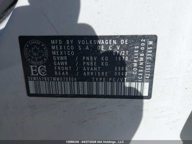 12598338 :رقم المزاد ، 3VWE57BU7MM070904 vin ، 2021 Volkswagen Jetta مزاد بيع
