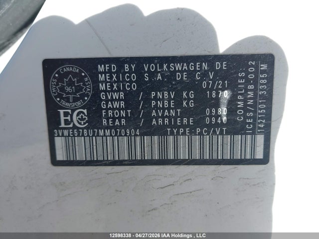12598338 :رقم المزاد ، 3VWE57BU7MM070904 vin ، 2021 Volkswagen Jetta مزاد بيع