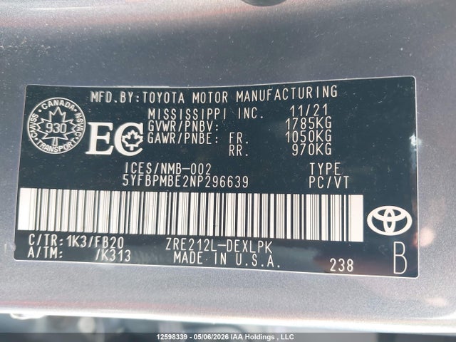 12598339 :رقم المزاد ، 5YFBPMBE2NP296639 vin ، 2022 Toyota Corolla Le مزاد بيع