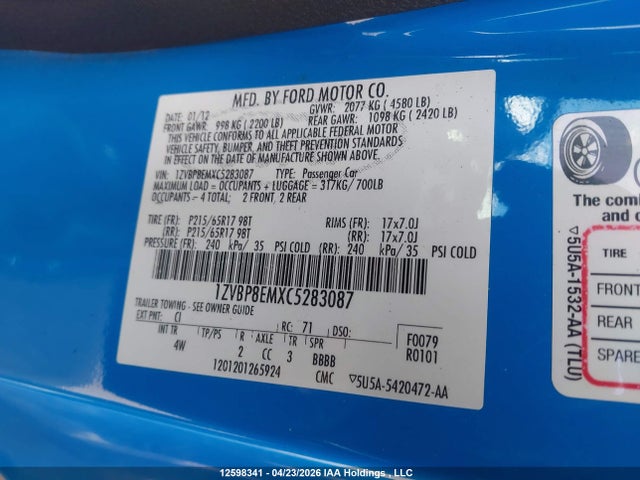Продаж на аукціоні авто 2012 Ford Mustang Convertible, vin: 1ZVBP8EMXC5283087, номер лоту: 12598341