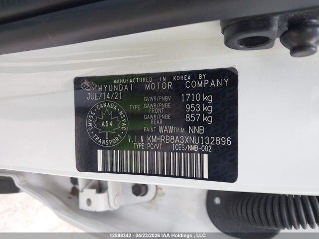 12598342 :رقم المزاد ، KMHRB8A3XNU132896 vin ، 2022 Hyundai Venue Essential Auto Ivt مزاد بيع