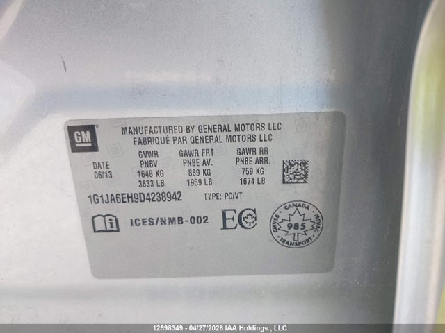 2013 Chevrolet Sonic მანქანა იყიდება აუქციონზე, vin: 1G1JA6EH9D4238942, აუქციონის ნომერი: 12598349