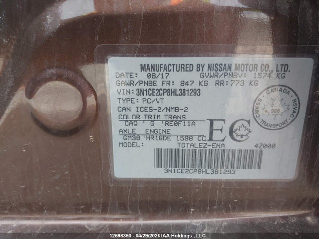 Продажа на аукционе авто 2017 Nissan Versa Note 1.6 S/1.6 Sl/1.6 Sr/1.6 Sv, vin: 3N1CE2CP8HL381293, номер лота: 12598350