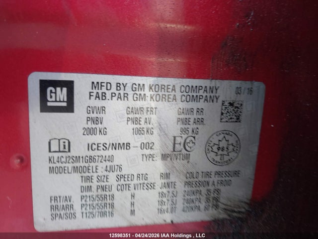 KL4CJ2SM1GB672440 Buick Encore Sport Touring