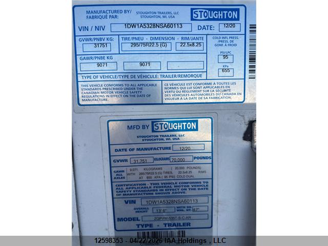 2022 Stoughton Trailers Inc  მანქანა იყიდება აუქციონზე, vin: 1DW1A5328NSA60113, აუქციონის ნომერი: 12598353