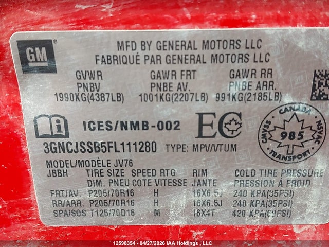 12598354 :رقم المزاد ، 3GNCJSSB5FL111280 vin ، 2015 Chevrolet Trax 2lt مزاد بيع