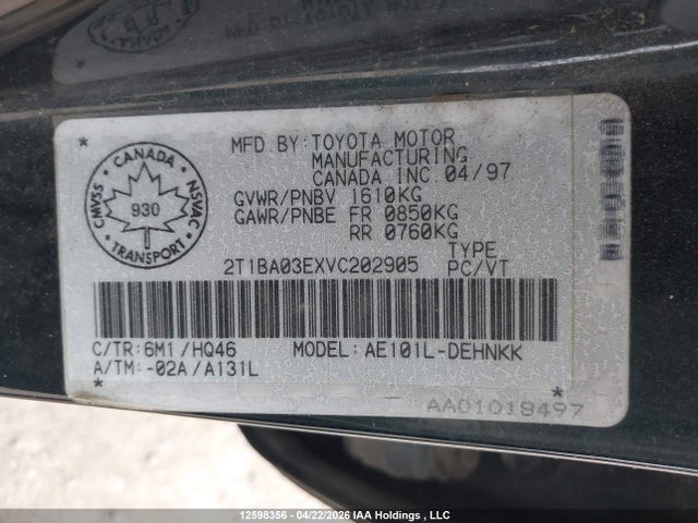 1997 Toyota Corolla Dx მანქანა იყიდება აუქციონზე, vin: 2T1BA03EXVC202905, აუქციონის ნომერი: 12598356