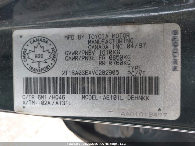 1997 Toyota Corolla Dx მანქანა იყიდება აუქციონზე, vin: 2T1BA03EXVC202905, აუქციონის ნომერი: 12598356