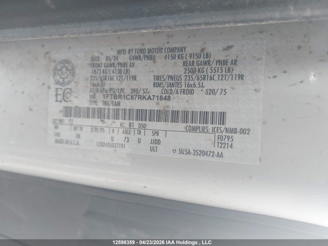 2024 Ford Transit T-250 მანქანა იყიდება აუქციონზე, vin: 1FTBR1C87RKA71848, აუქციონის ნომერი: 12598359