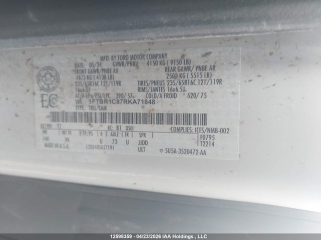 2024 Ford Transit T-250 მანქანა იყიდება აუქციონზე, vin: 1FTBR1C87RKA71848, აუქციონის ნომერი: 12598359