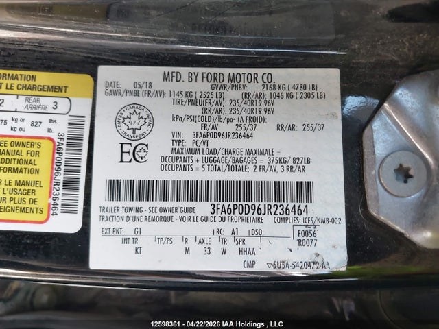 Продаж на аукціоні авто 2018 Ford Fusion Titanium/platinum, vin: 3FA6P0D96JR236464, номер лоту: 12598361