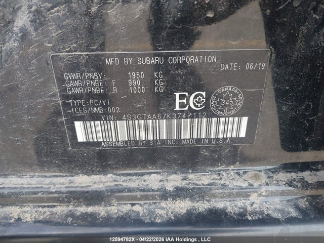 12594782 :رقم المزاد ، 4S3GTAA67K3747112 vin ، 2019 Subaru Impreza Convenience مزاد بيع