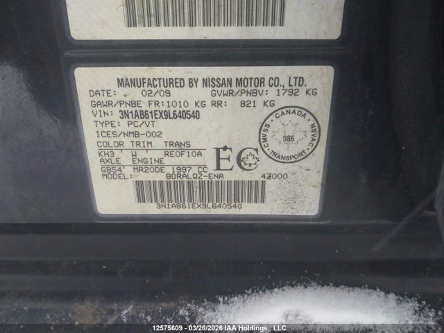Продаж на аукціоні авто 2009 Nissan Sentra 2.0, vin: 3N1AB61EX9L640540, номер лоту: 12575609