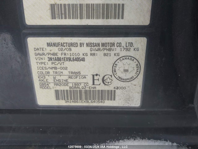 Продаж на аукціоні авто 2009 Nissan Sentra 2.0, vin: 3N1AB61EX9L640540, номер лоту: 12575609